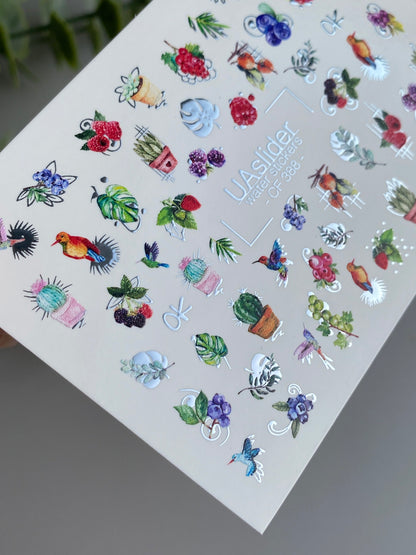 Nail Water Decal CF-388 | Tropical Water Slide Nail Decals | Birds, Cactus and Berries