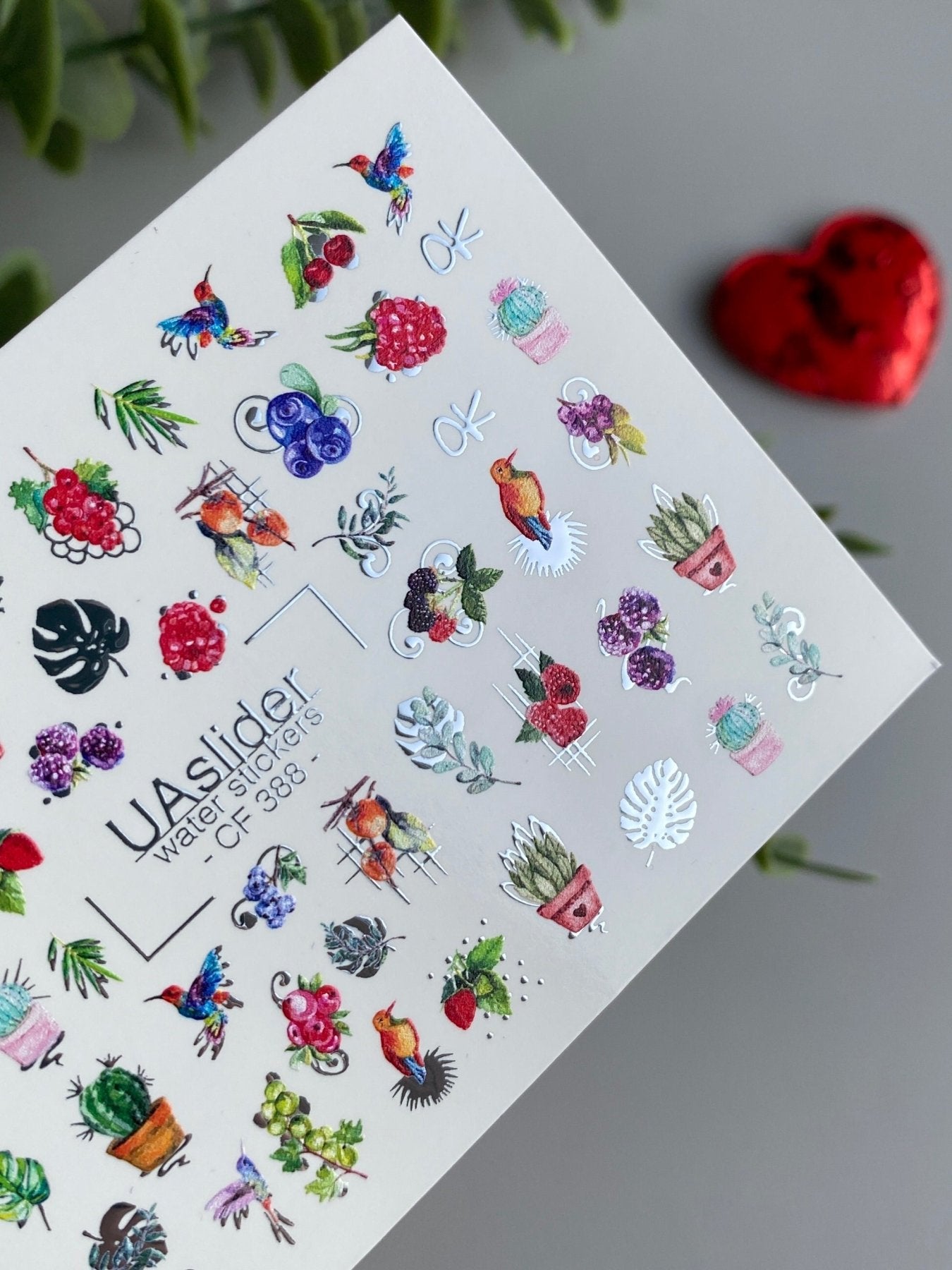 Nail Water Decal CF-388 | Tropical Water Slide Nail Decals | Birds, Cactus and Berries - UASLIDER