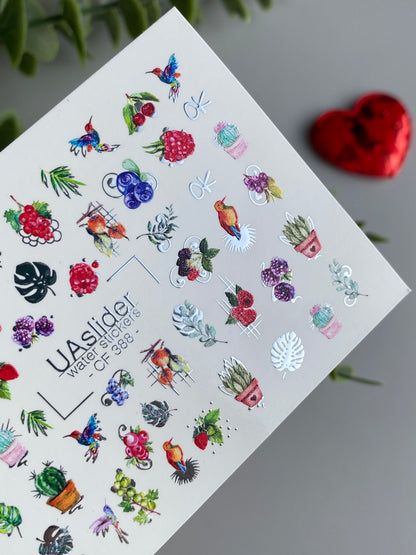 Nail Water Decal CF-388 | Tropical Water Slide Nail Decals | Birds, Cactus and Berries