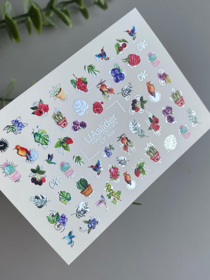 Nail Water Decal CF-388 | Tropical Water Slide Nail Decals | Birds, Cactus and Berries