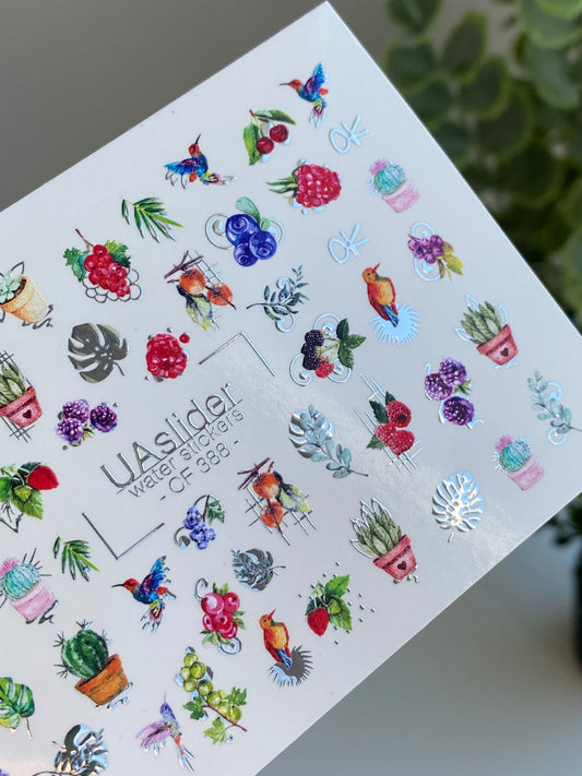 Nail Water Decal CF-388 | Tropical Water Slide Nail Decals | Birds, Cactus and Berries