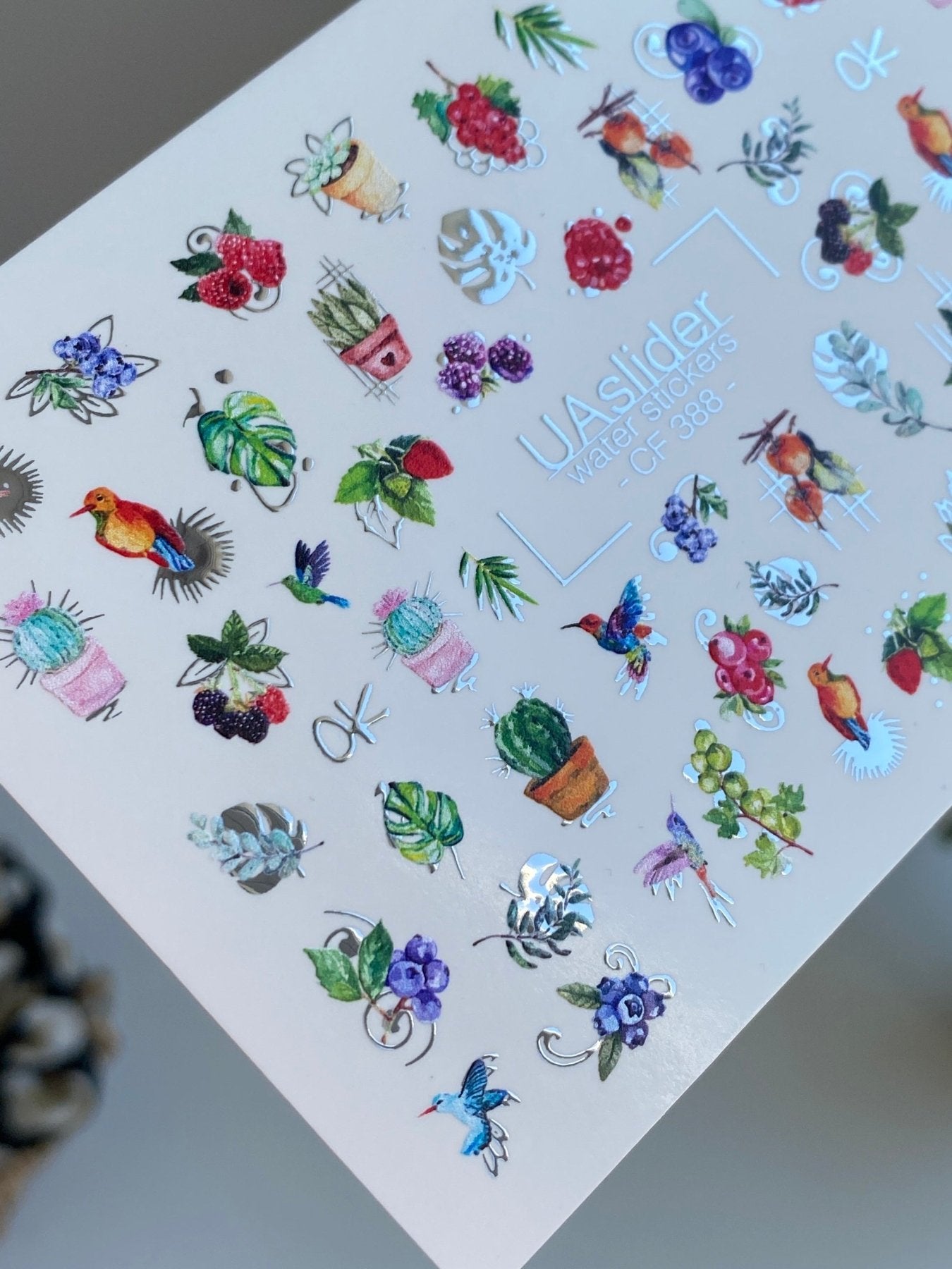 Nail Water Decal CF-388 | Tropical Water Slide Nail Decals | Birds, Cactus and Berries - UASLIDER
