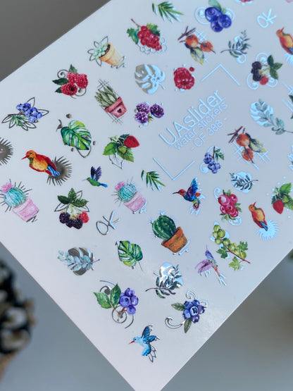 Nail Water Decal CF-388 | Tropical Water Slide Nail Decals | Birds, Cactus and Berries