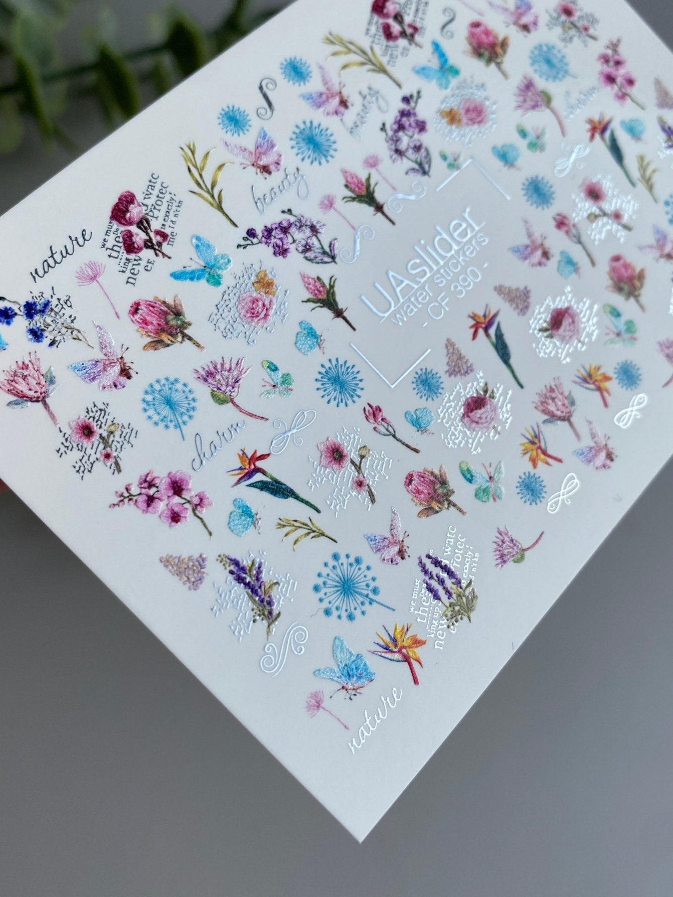 Nail Water Decal CF-390 | Botanical Water Slide Nail Decals | Wildflowers, Butterflies and Lettering - UASLIDER