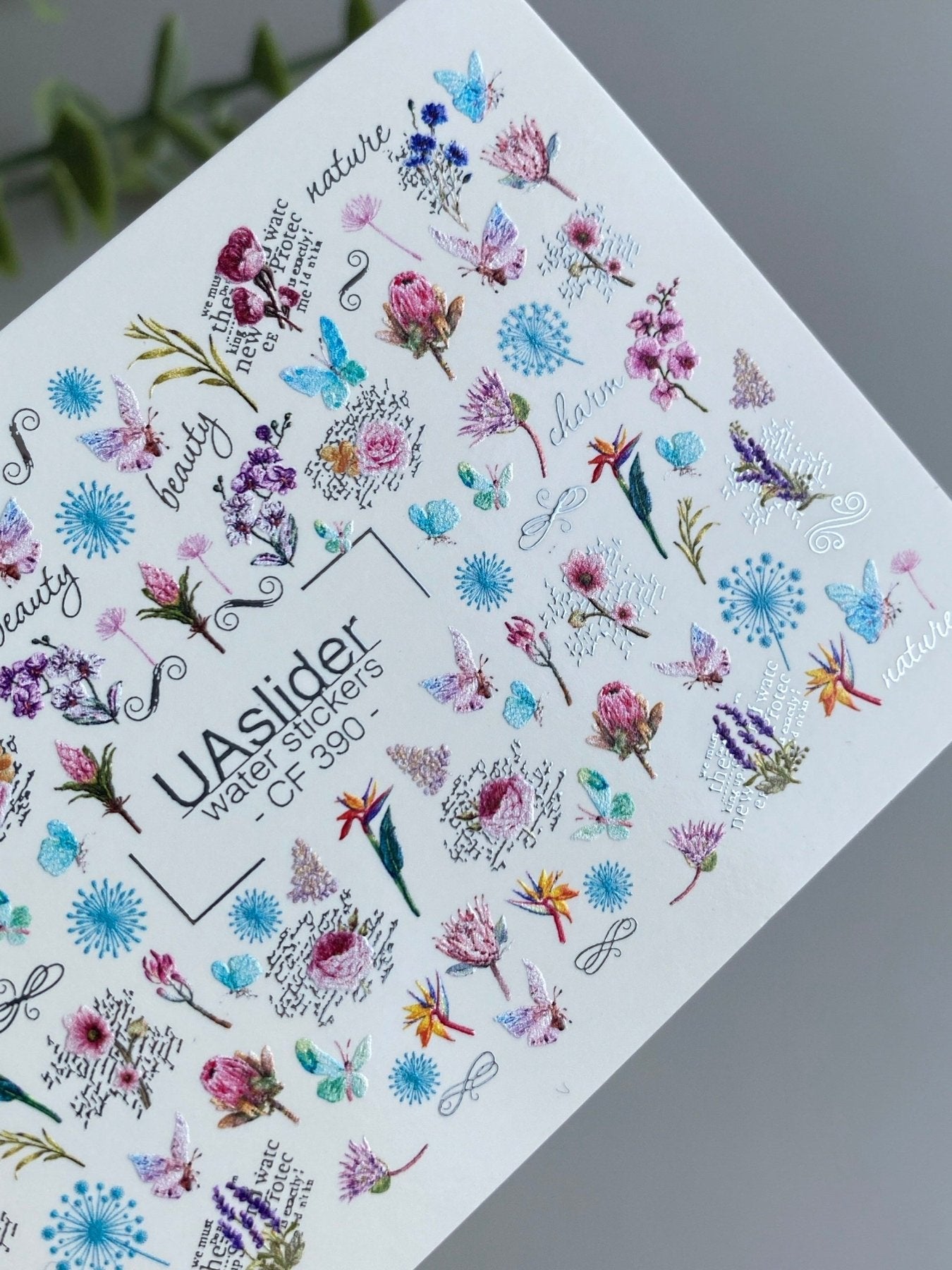 Nail Water Decal CF-390 | Botanical Water Slide Nail Decals | Wildflowers, Butterflies and Lettering - UASLIDER