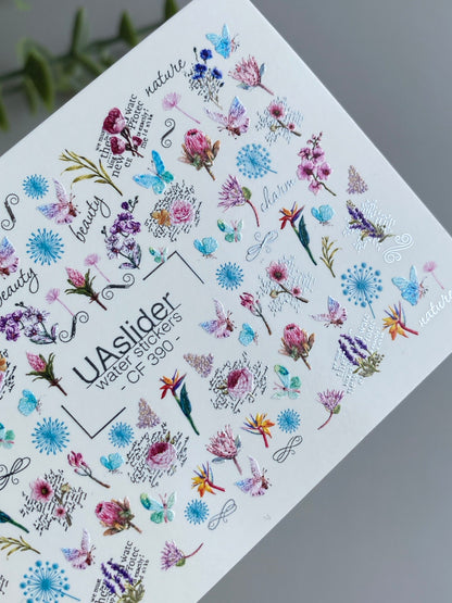 Nail Water Decal CF-390 | Botanical Water Slide Nail Decals | Wildflowers, Butterflies and Lettering