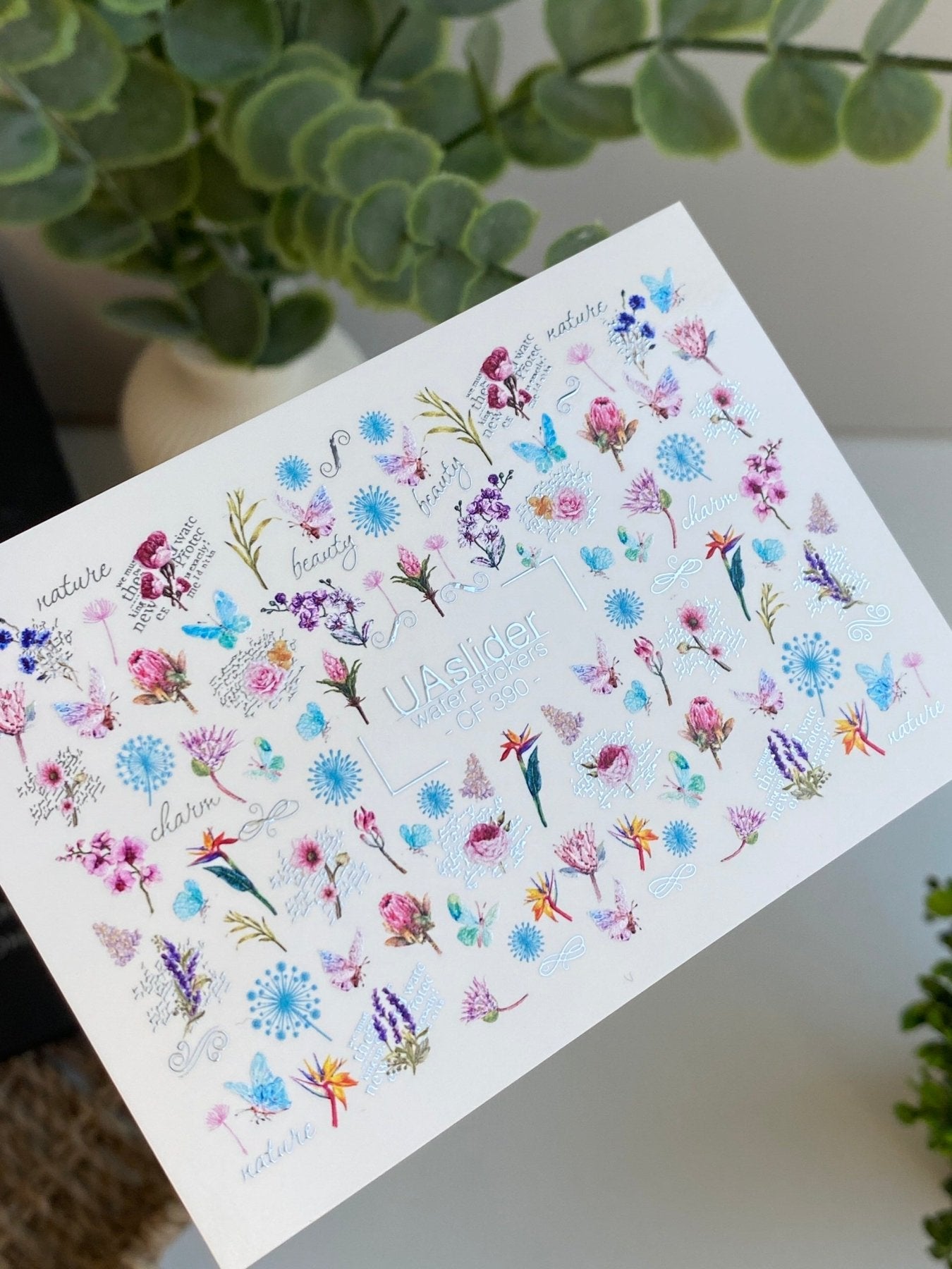 Nail Water Decal CF-390 | Botanical Water Slide Nail Decals | Wildflowers, Butterflies and Lettering - UASLIDER