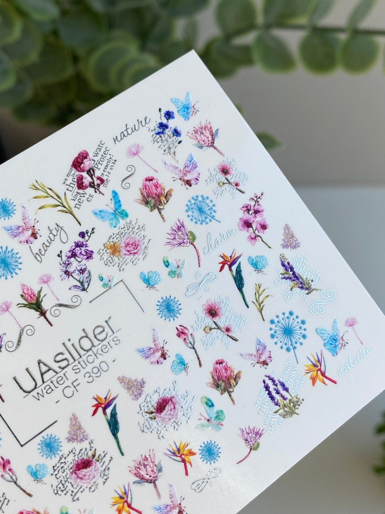 Nail Water Decal CF-390 | Botanical Water Slide Nail Decals | Wildflowers, Butterflies and Lettering - UASLIDER