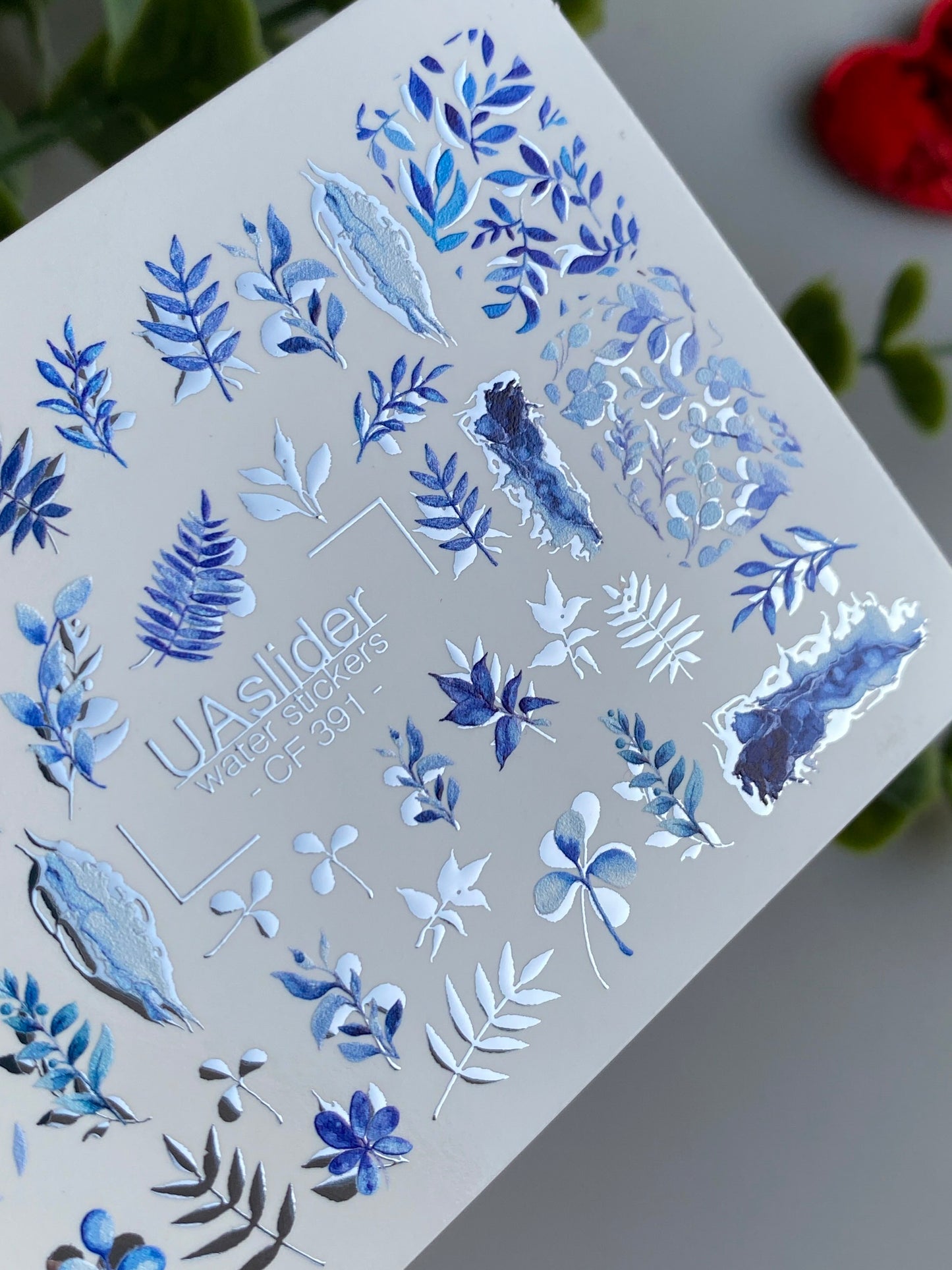 Nail Water Decal CF-391 | Blue Leaf Water Slide Nail Decals | Botanical Branches and Minimalist Design