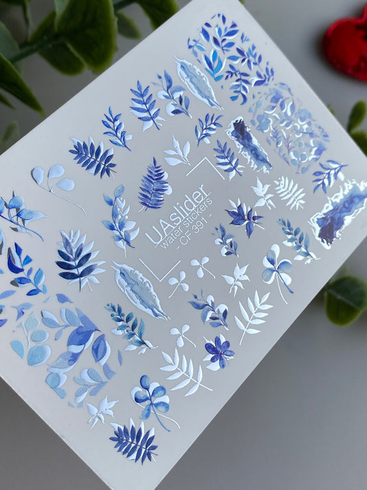Nail Water Decal CF-391 | Blue Leaf Water Slide Nail Decals | Botanical Branches and Minimalist Design