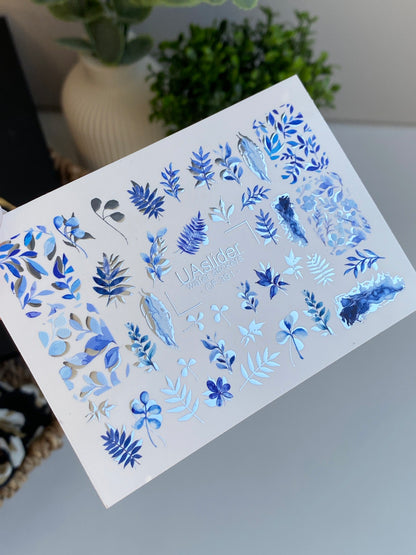 Nail Water Decal CF-391 | Blue Leaf Water Slide Nail Decals | Botanical Branches and Minimalist Design