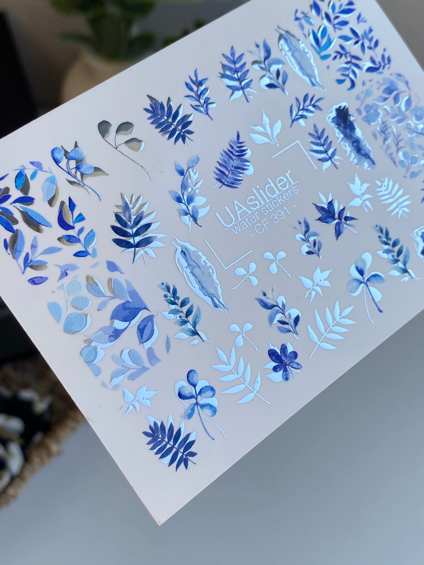 Nail Water Decal CF-391 | Blue Leaf Water Slide Nail Decals | Botanical Branches and Minimalist Design