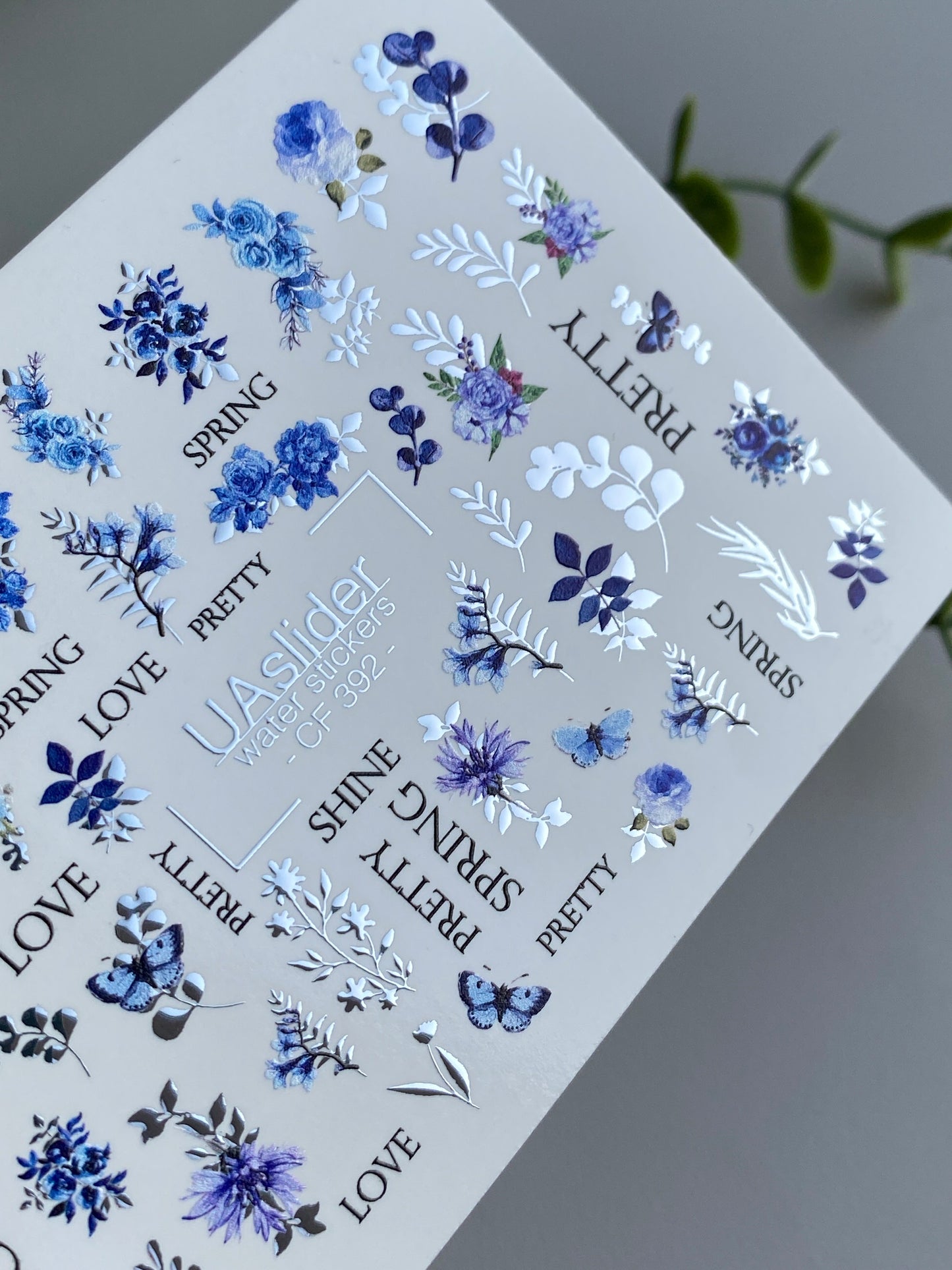 Nail Water Decal CF-392 | Blue Floral Water Slide Nail Decals | Spring Flowers, Butterflies and Lettering