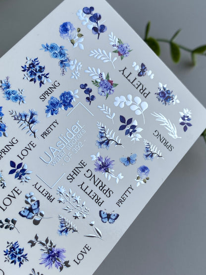Nail Water Decal CF-392 | Blue Floral Water Slide Nail Decals | Spring Flowers, Butterflies and Lettering