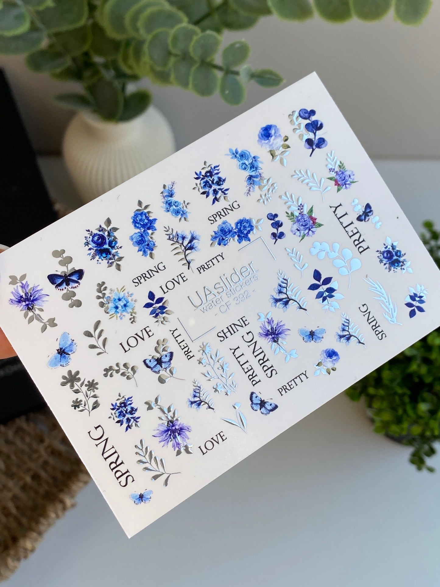 Nail Water Decal CF-392 | Blue Floral Water Slide Nail Decals | Spring Flowers, Butterflies and Lettering