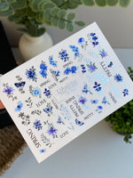 Nail Water Decal CF-392 | Blue Floral Water Slide Nail Decals | Spring Flowers, Butterflies and Lettering - UASLIDER