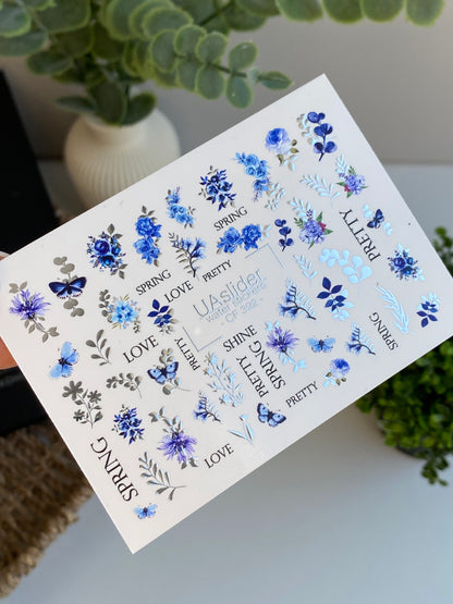 Nail Water Decal CF-392 | Blue Floral Water Slide Nail Decals | Spring Flowers, Butterflies and Lettering