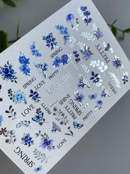 Nail Water Decal CF-392 | Blue Floral Water Slide Nail Decals | Spring Flowers, Butterflies and Lettering