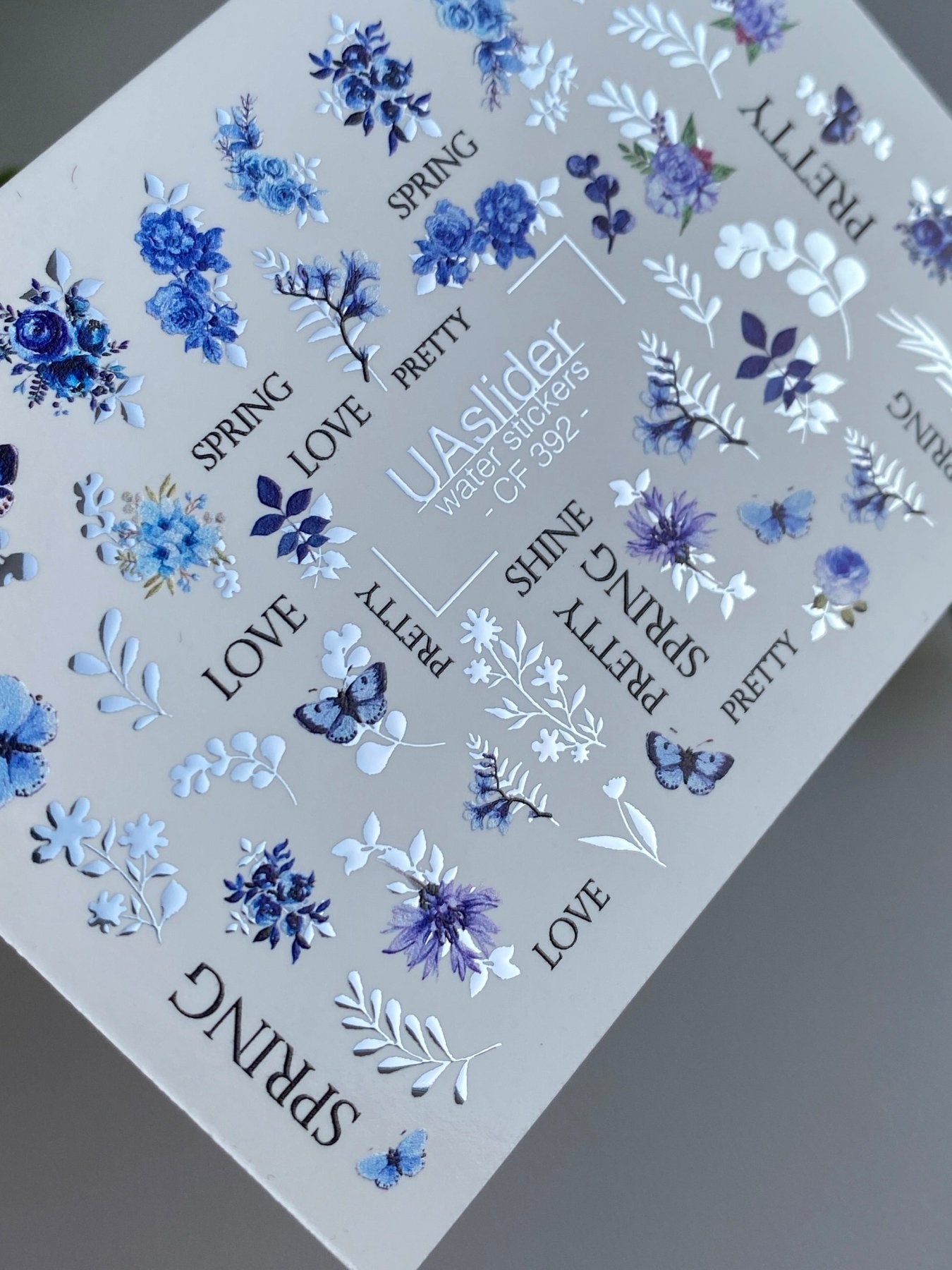 Nail Water Decal CF-392 | Blue Floral Water Slide Nail Decals | Spring Flowers, Butterflies and Lettering - UASLIDER