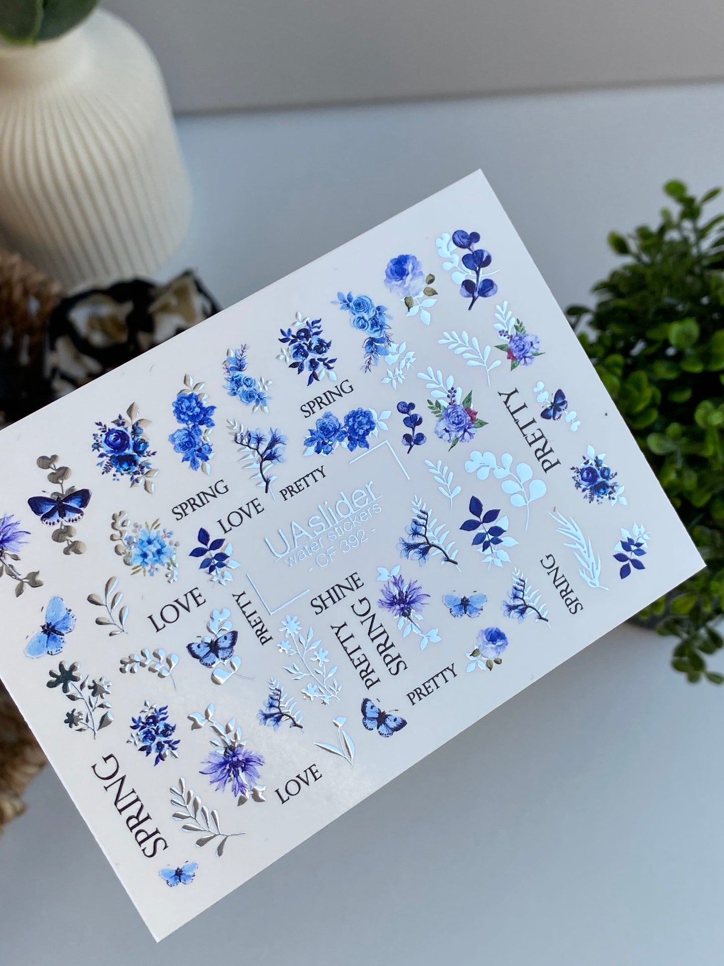 Nail Water Decal CF-392 | Blue Floral Water Slide Nail Decals | Spring Flowers, Butterflies and Lettering
