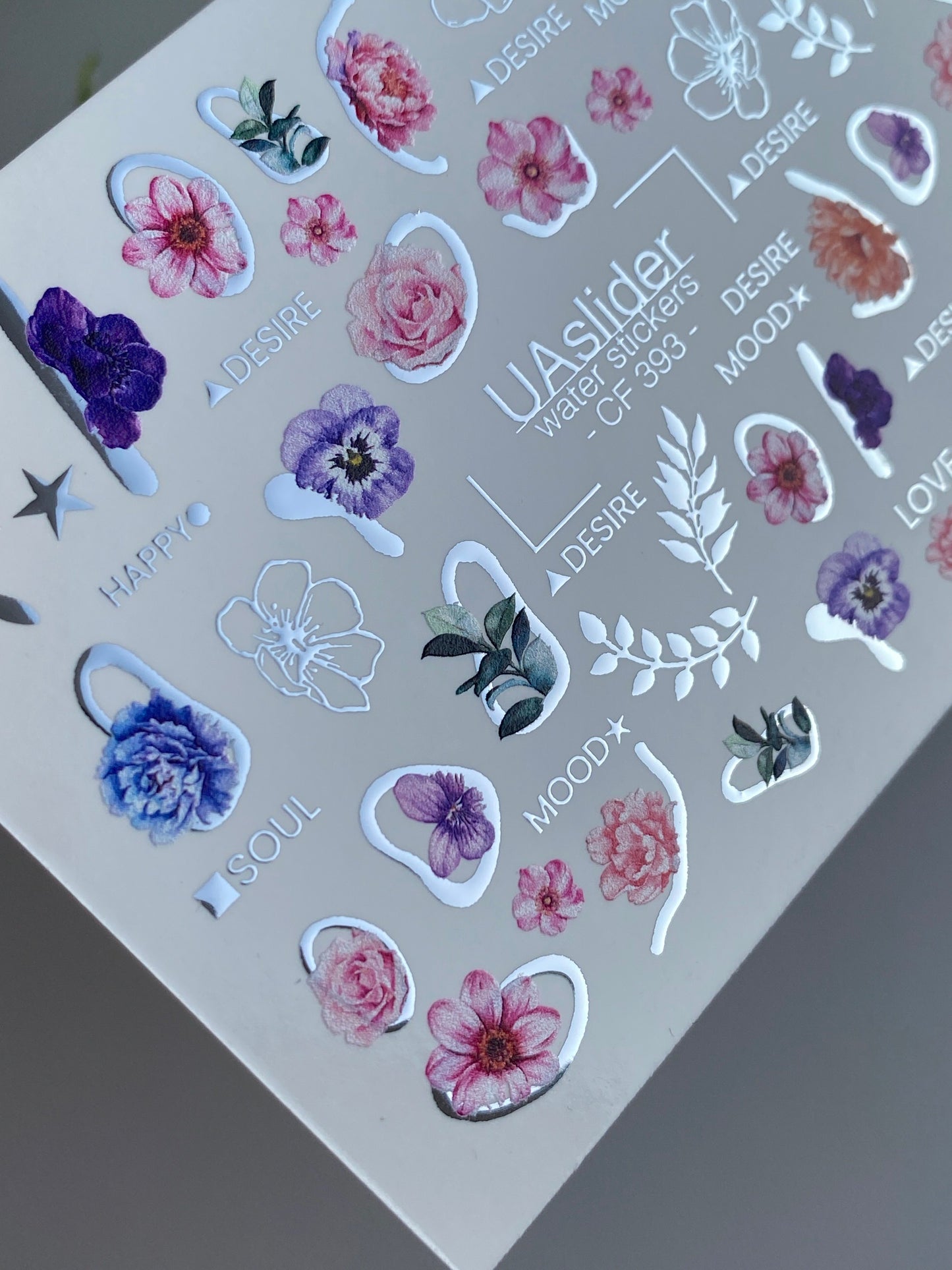 Nail Water Decal CF-393 | Floral Water Slide Nail Decals | Flowers with Lettering Accents