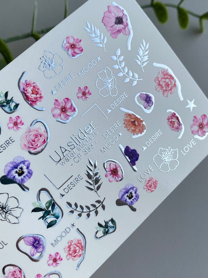 Nail Water Decal CF-393 | Floral Water Slide Nail Decals | Flowers with Lettering Accents