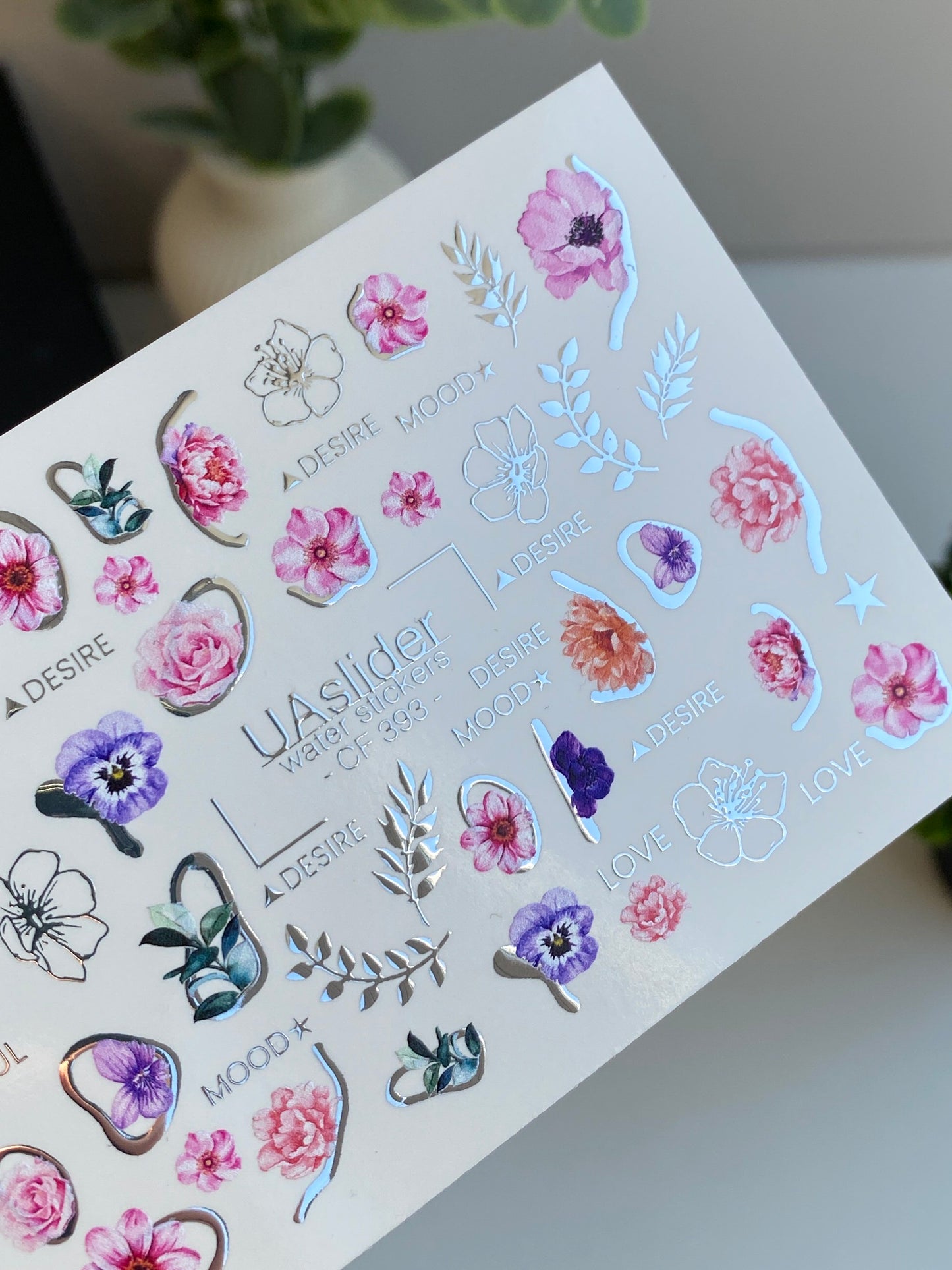 Nail Water Decal CF-393 | Floral Water Slide Nail Decals | Flowers with Lettering Accents