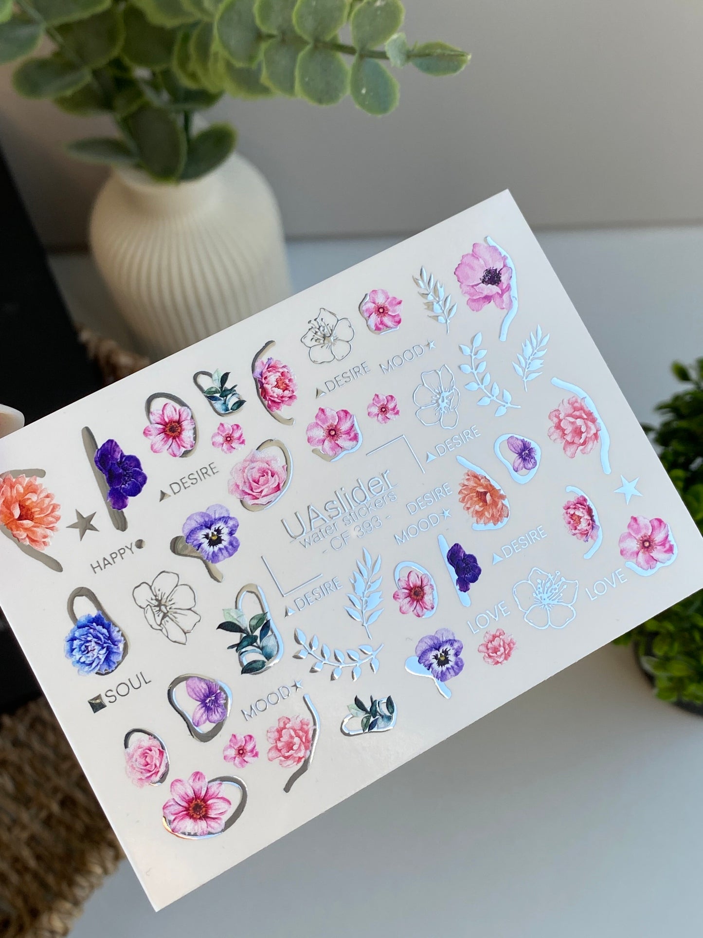 Nail Water Decal CF-393 | Floral Water Slide Nail Decals | Flowers with Lettering Accents