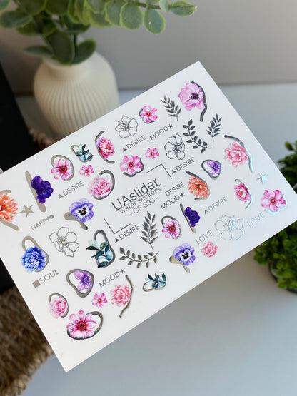 Nail Water Decal CF-393 | Floral Water Slide Nail Decals | Flowers with Lettering Accents