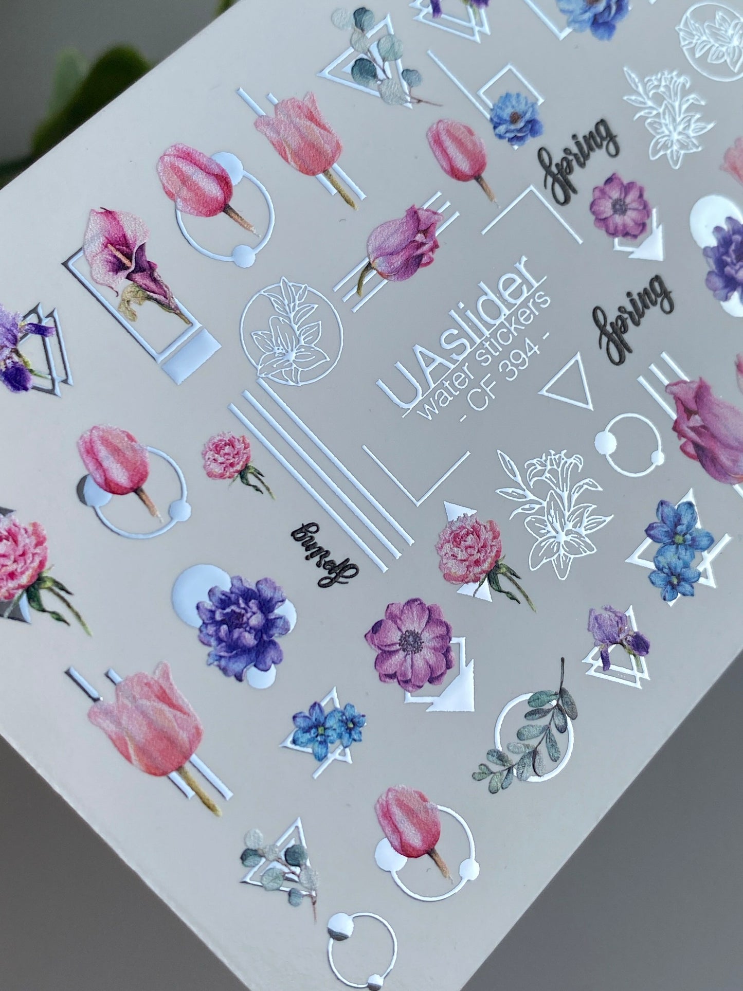 Nail Water Decal CF-394 | Floral Water Slide Nail Decals | Tulips with Geometric Accents and Lettering