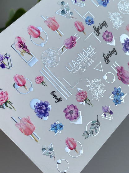 Nail Water Decal CF-394 | Floral Water Slide Nail Decals | Tulips with Geometric Accents and Lettering