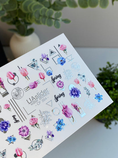 Nail Water Decal CF-394 | Floral Water Slide Nail Decals | Tulips with Geometric Accents and Lettering