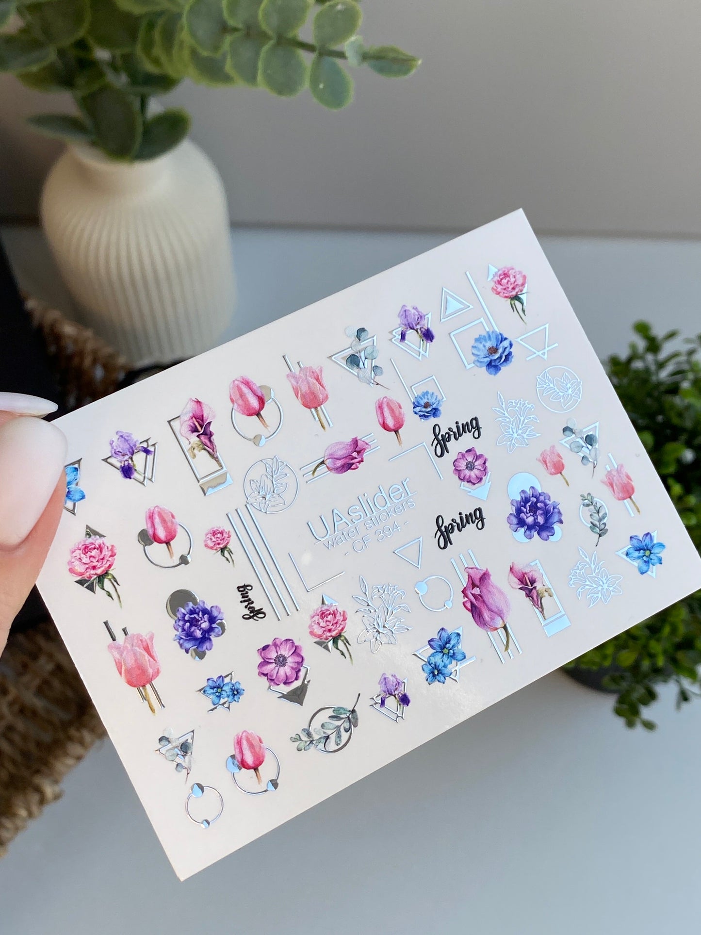 Nail Water Decal CF-394 | Floral Water Slide Nail Decals | Tulips with Geometric Accents and Lettering