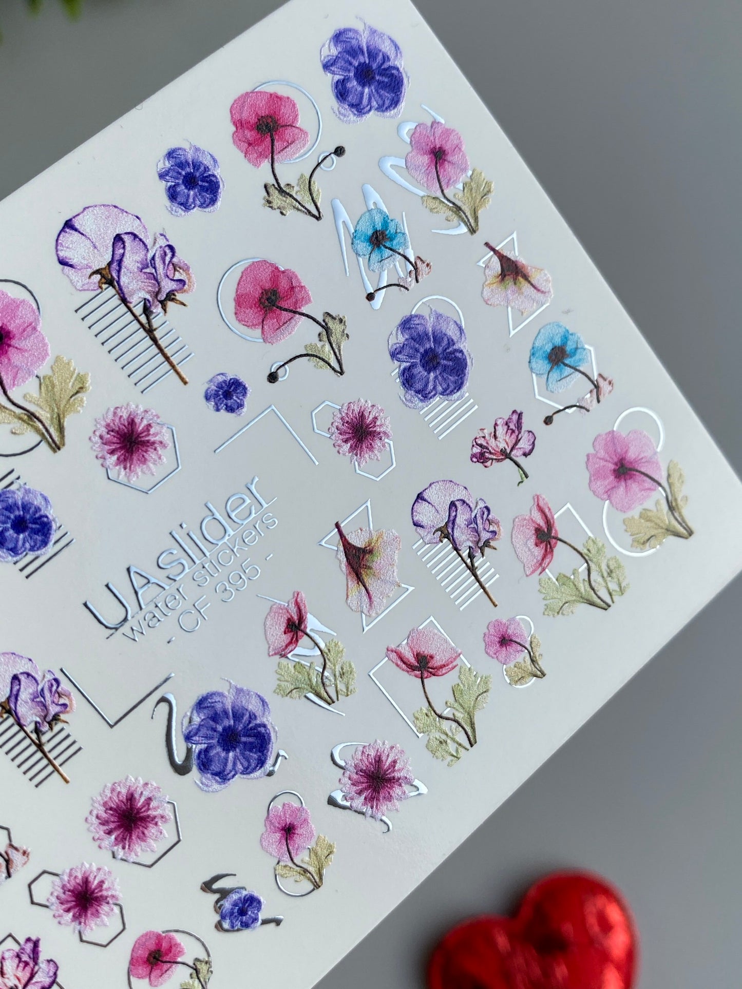 Nail Water Decal CF-395 | Floral Water Slide Nail Decals | Tulips with Geometric Accents and Lettering