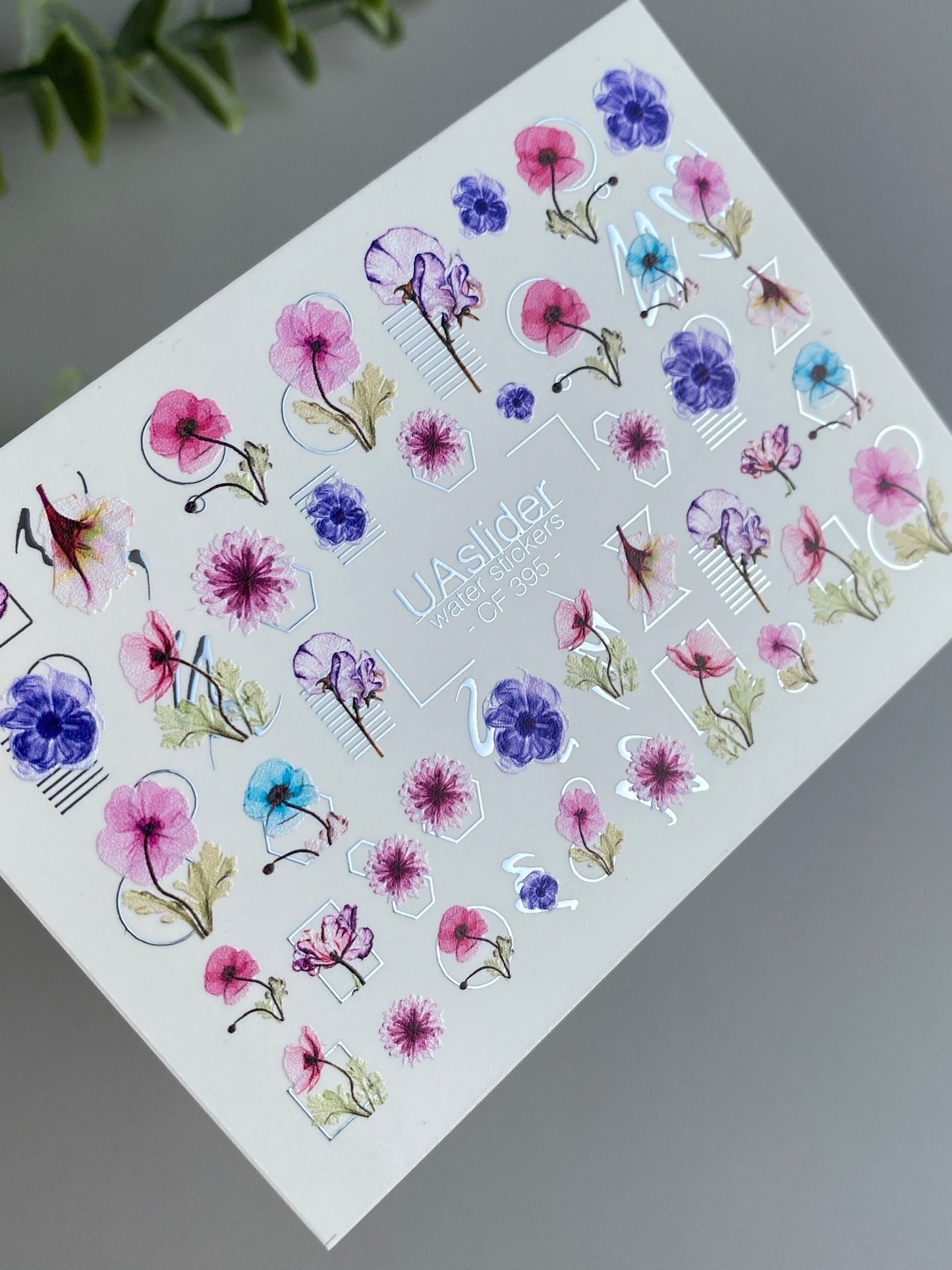 Nail Water Decal CF-395 | Floral Water Slide Nail Decals | Tulips with Geometric Accents and Lettering