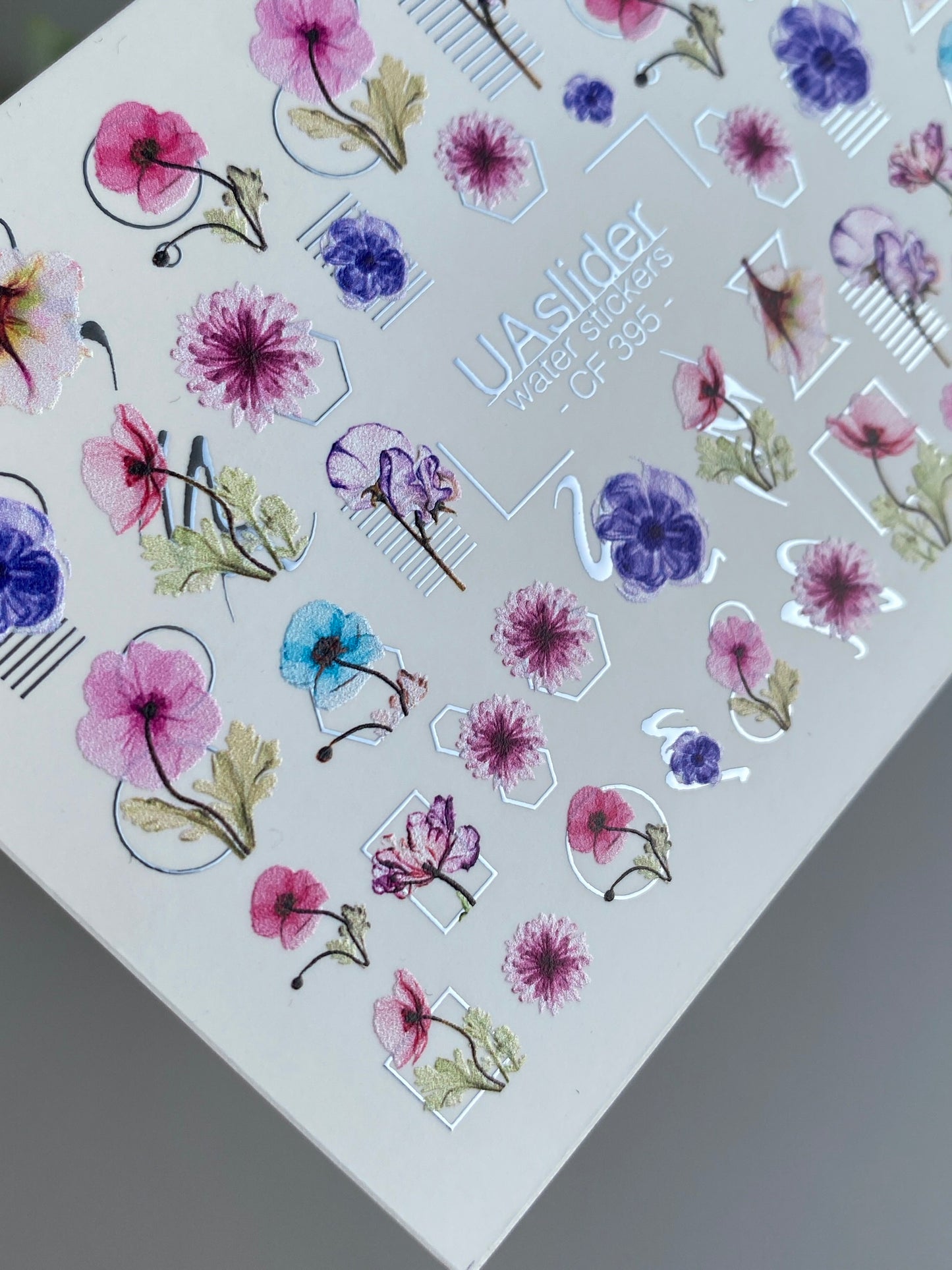 Nail Water Decal CF-395 | Floral Water Slide Nail Decals | Tulips with Geometric Accents and Lettering