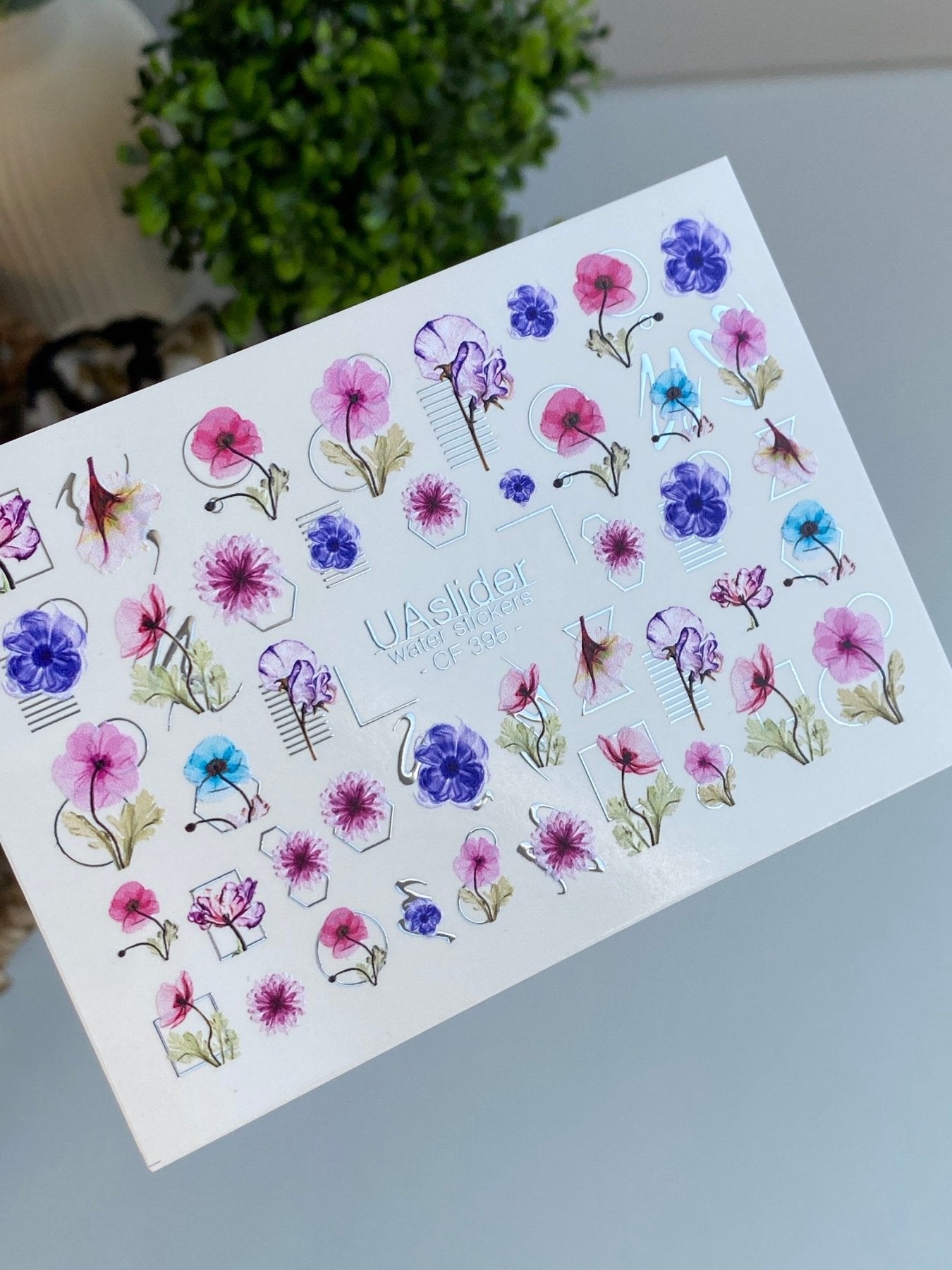 Nail Water Decal CF-395 | Floral Water Slide Nail Decals | Tulips with Geometric Accents and Lettering - UASLIDER