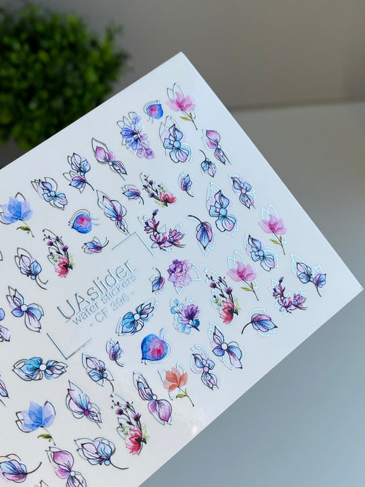 Nail Water Decal CF-396 | Watercolor Floral Water Slide Nail Decals | Pastel Petals and Botanical Outlines