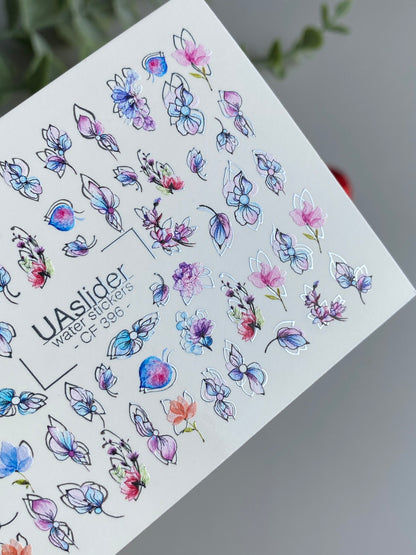Nail Water Decal CF-396 | Watercolor Floral Water Slide Nail Decals | Pastel Petals and Botanical Outlines