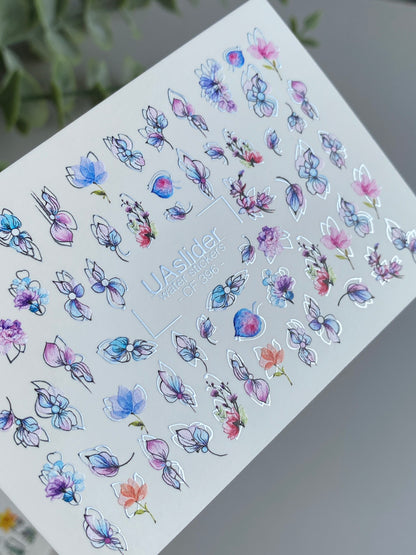 Nail Water Decal CF-396 | Watercolor Floral Water Slide Nail Decals | Pastel Petals and Botanical Outlines