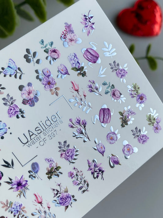 Nail Water Decal CF-397 | Purple Floral Water Slide Nail Decals | Roses, Lavender and Macarons