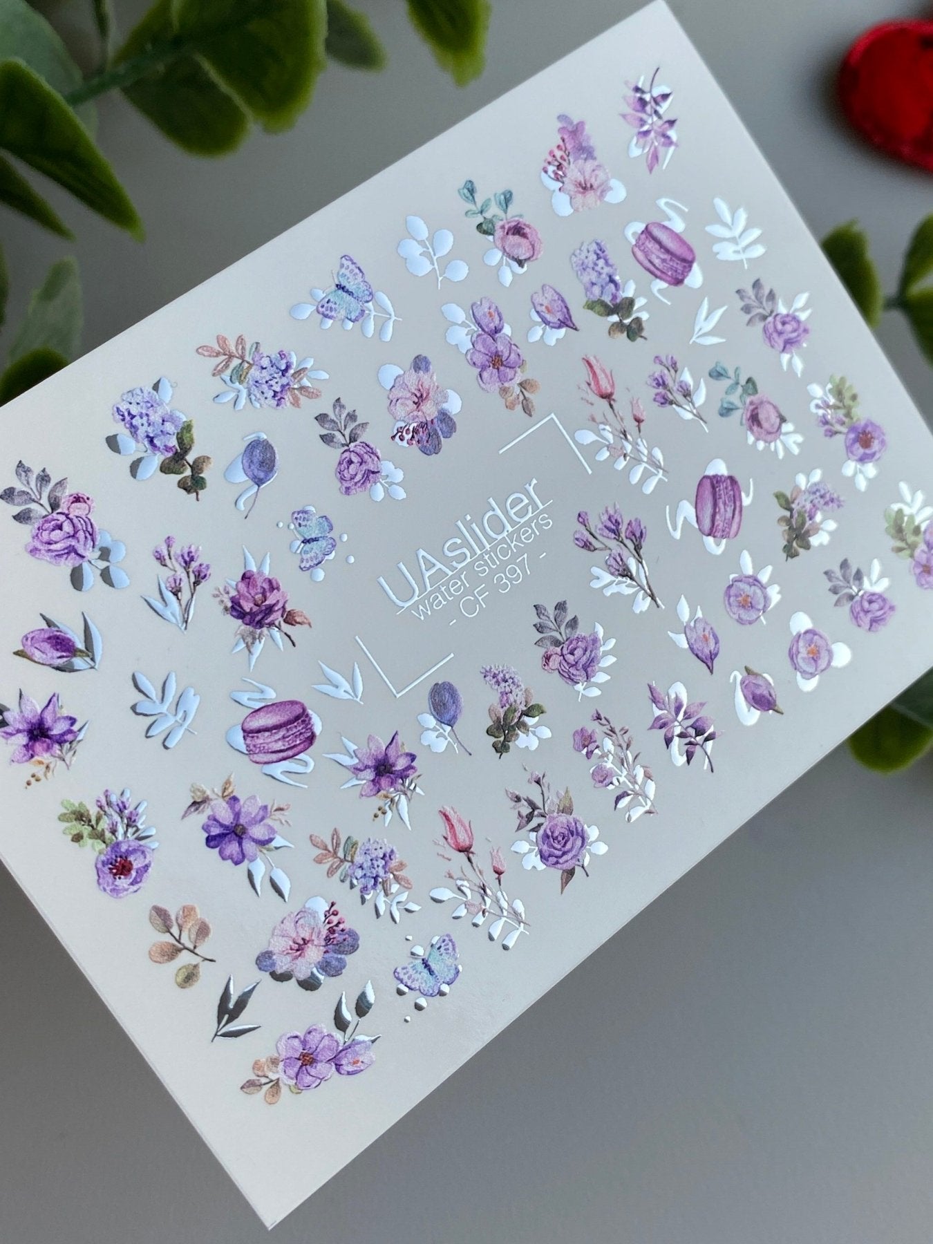 Nail Water Decal CF-397 | Purple Floral Water Slide Nail Decals | Roses, Lavender and Macarons - UASLIDER