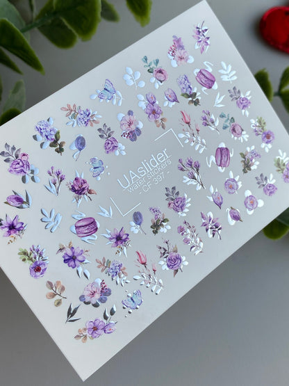 ملصق أظافر مائي CF-397 | ملصقات أظافر مائية بنمط الأزهار البنفسجية | ورود، لافندر وماكرون