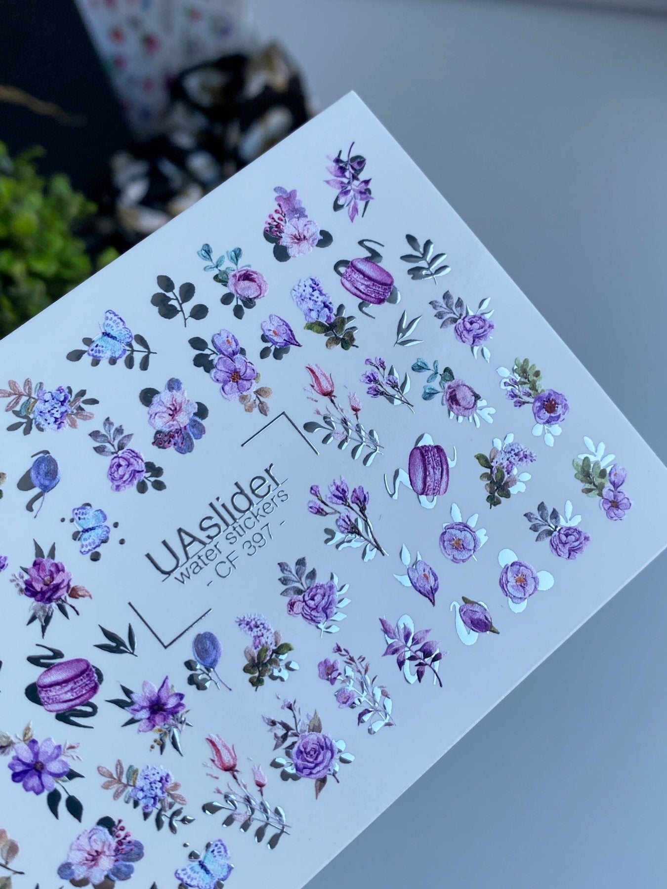 Nail Water Decal CF-397 | Purple Floral Water Slide Nail Decals | Roses, Lavender and Macarons - UASLIDER