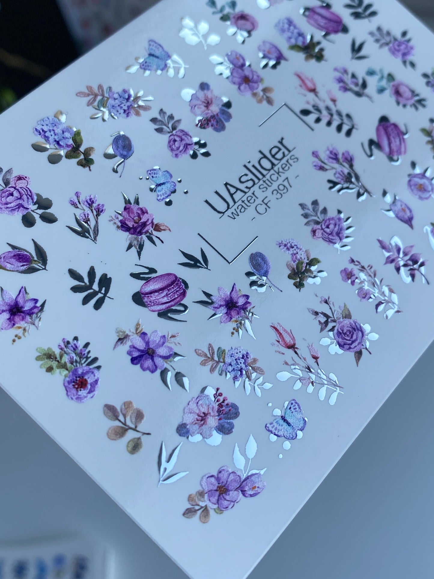 ملصق أظافر مائي CF-397 | ملصقات أظافر مائية بنمط الأزهار البنفسجية | ورود، لافندر وماكرون