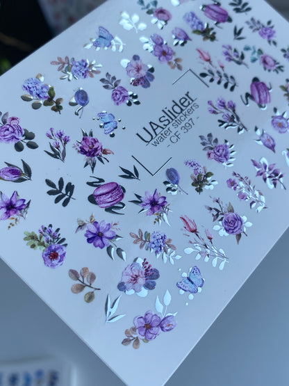 ملصق أظافر مائي CF-397 | ملصقات أظافر مائية بنمط الأزهار البنفسجية | ورود، لافندر وماكرون
