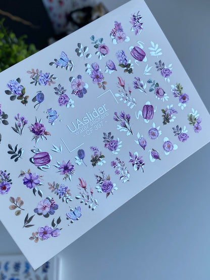 ملصق أظافر مائي CF-397 | ملصقات أظافر مائية بنمط الأزهار البنفسجية | ورود، لافندر وماكرون