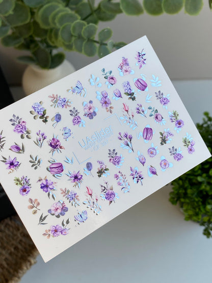 ملصق أظافر مائي CF-397 | ملصقات أظافر مائية بنمط الأزهار البنفسجية | ورود، لافندر وماكرون