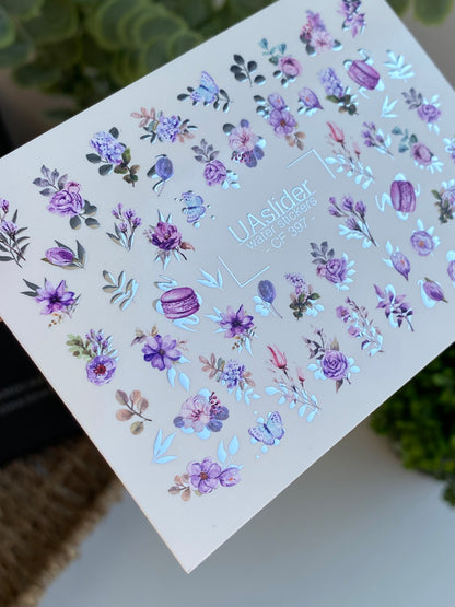 ملصق أظافر مائي CF-397 | ملصقات أظافر مائية بنمط الأزهار البنفسجية | ورود، لافندر وماكرون