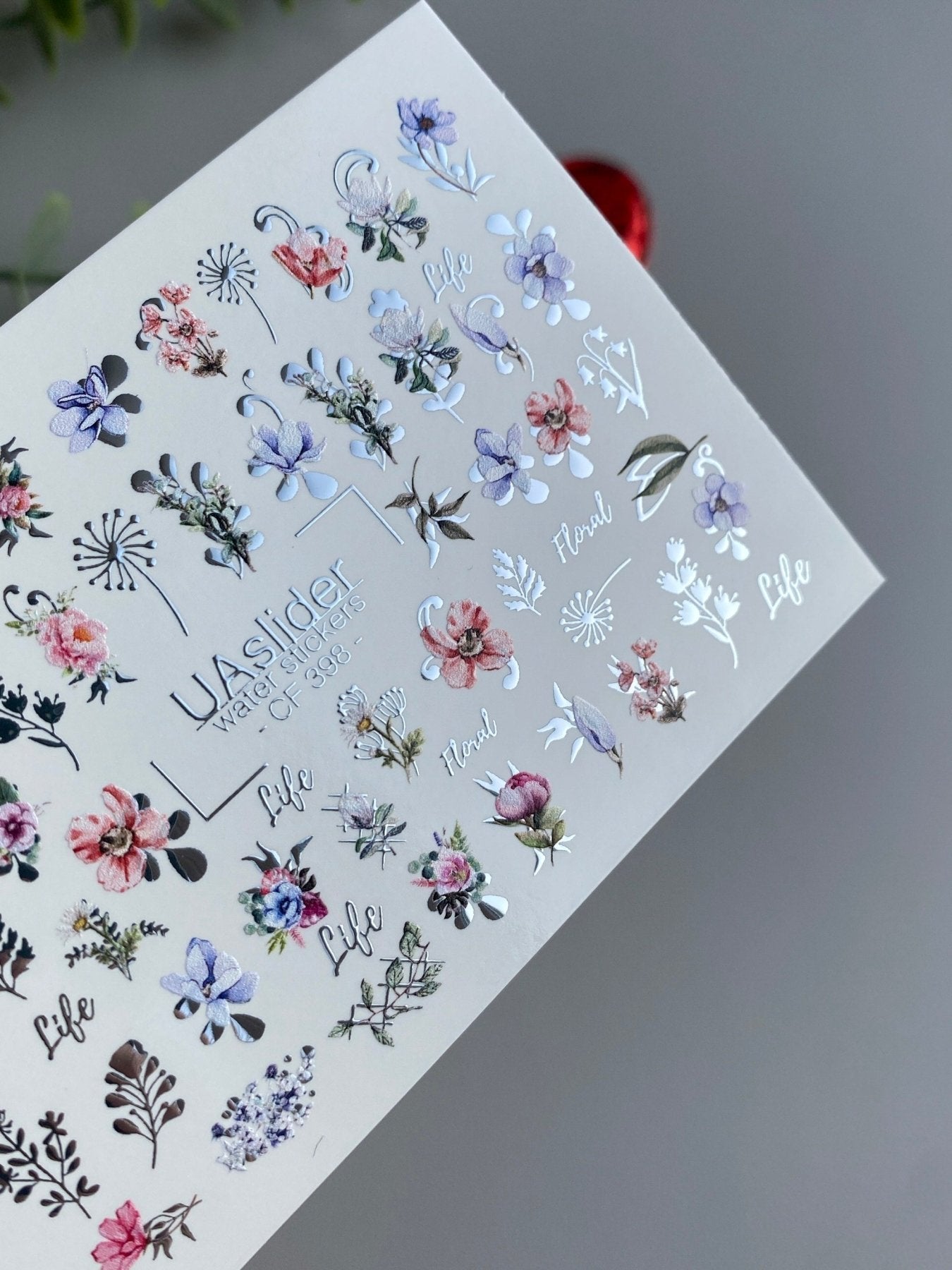 Nail Water Decal CF-398 | Colorful Floral Water Slide Nail Decals | Botanical Flowers and Lettering - UASLIDER